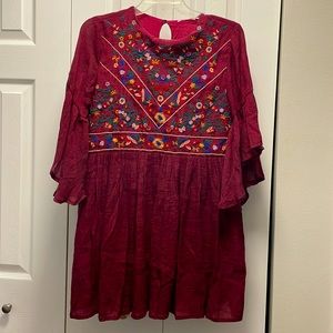Colorful embroidered burgundy dress, women medium